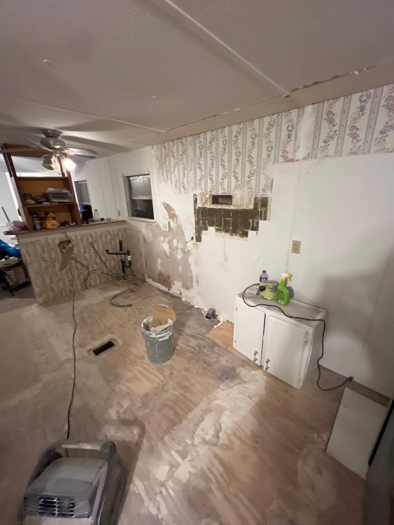 An empty room undergoing renovation, featuring unfinished walls with peeling wallpaper, a bare wooden floor, a bucket, and construction tools scattered around.