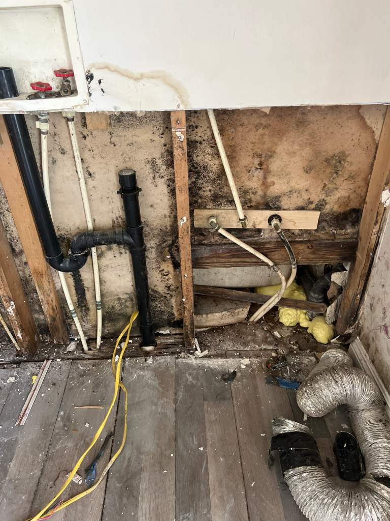 Image showing damaged drywall with exposed plumbing and mold growth, highlighting the need for repairs in a residential setting.